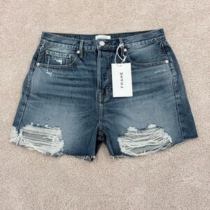 Frame Denim Ripped High-Rise Jean Shorts in Washed Blue